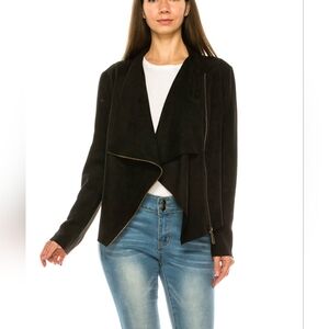 NWT Women's Black Drape Front Suede Zip-Up Jacket